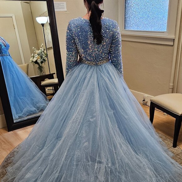 Size 10 light blue long sleeve soft sequin glitter tulle ballgown by Ava Presley - Picture 8 of 13